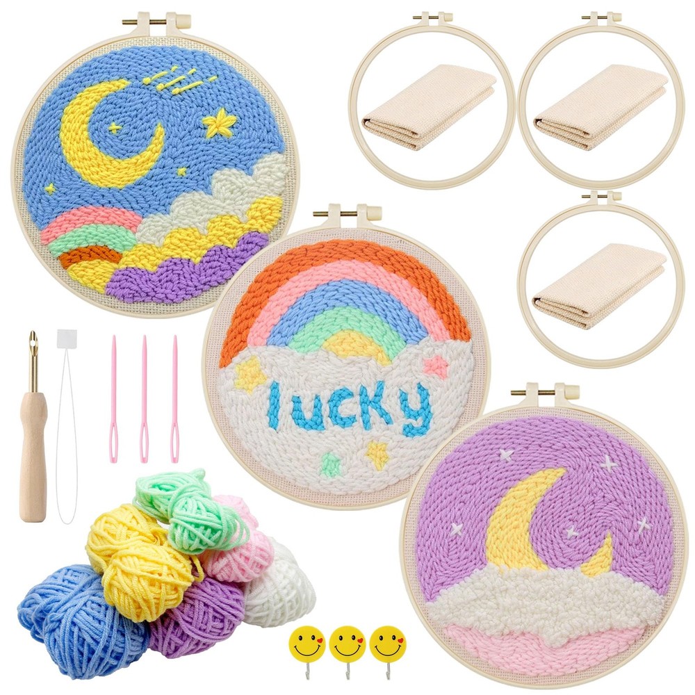 3 Set Punch Needle Embroidery Starter Kits for Beginners, Include Punch Needl...