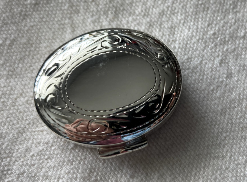 Sterling silver vintage etched oval pill box