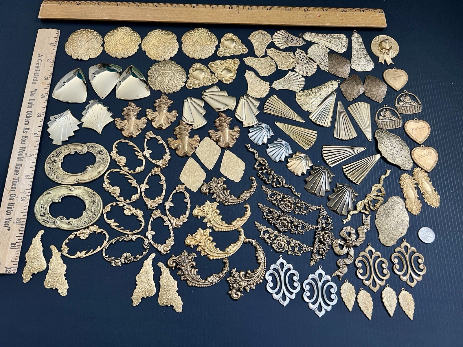 1 Lb + Vtg & New Metal Stampings Brass Gold Frames Settings Pendant Findings Lot