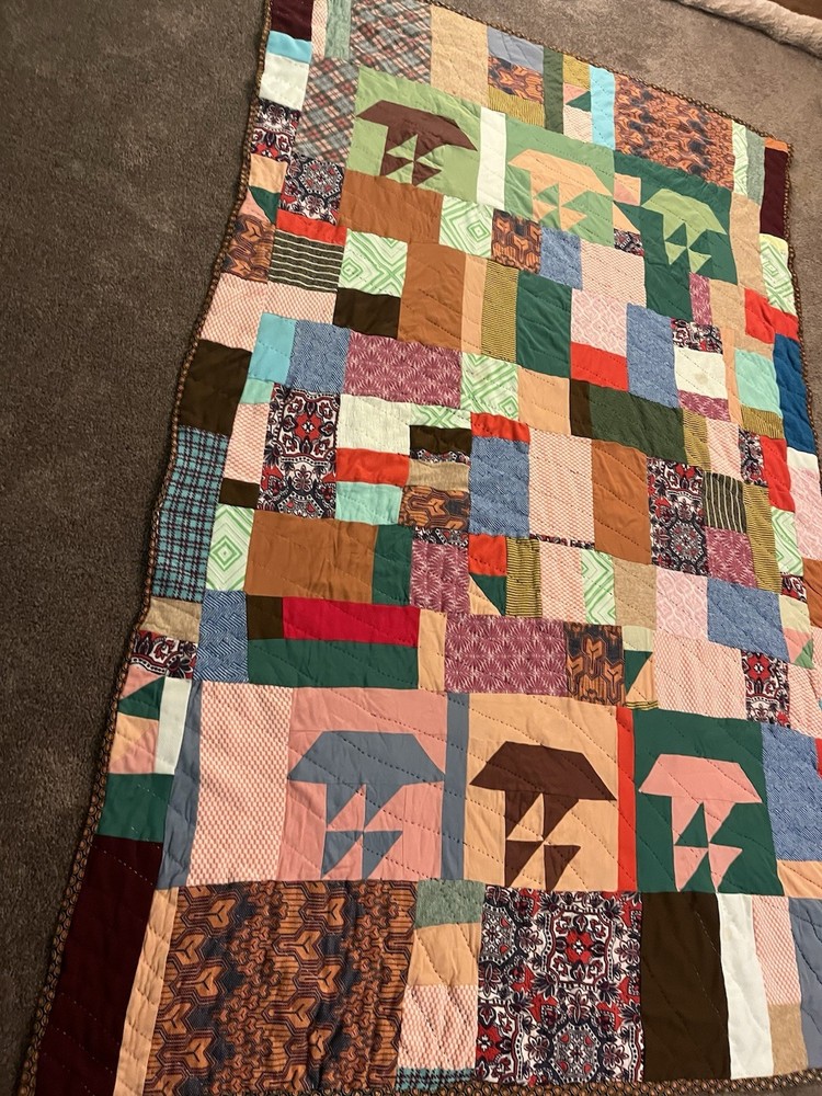 Vintage Handmade Quilt Small Blocks Patchwork Quilt 87”x63” Unique