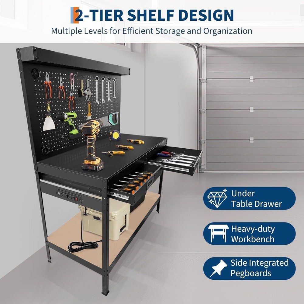 48x22 in Workbench 2 Tier Garage Tool Storage Work Table w/ Pegboard & 2 Drawers