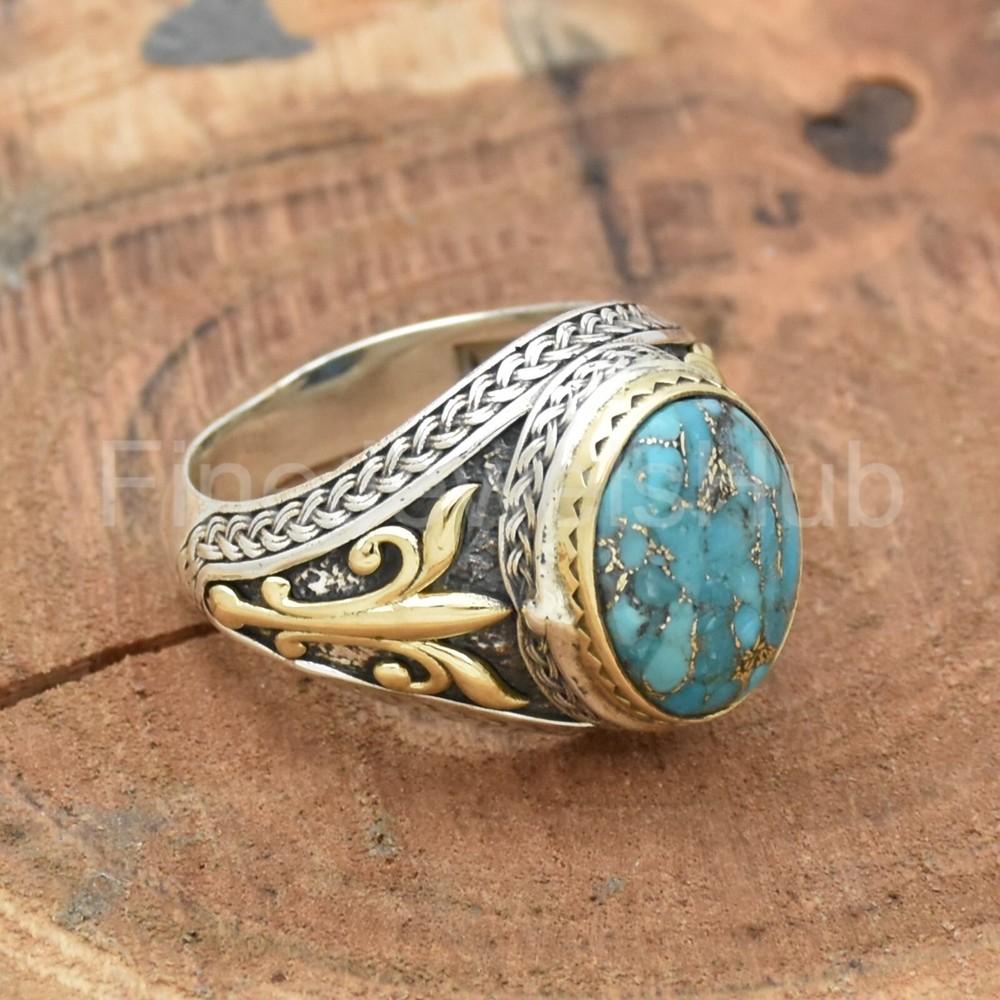 Blue Turquoise Ring 925 Sterling Silver Ring, Men's Ring Two Tone Ring Boho Ring