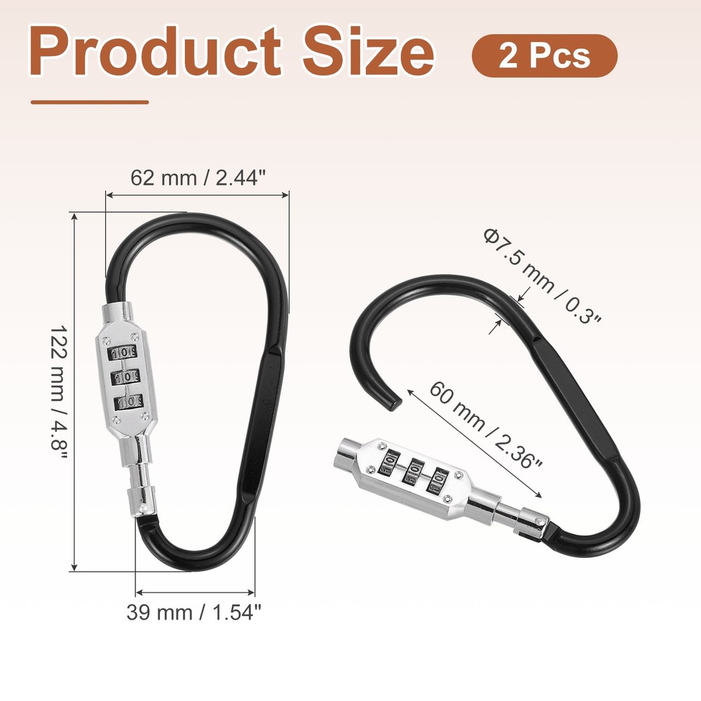 2 Pcs 4.8" x 2.4" D-Shaped 3-Digit Code Combination Lock D-Ring Clip, Black