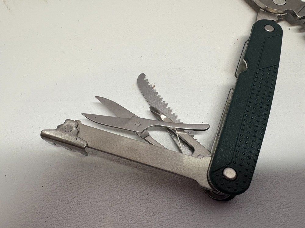 multi tool camping knife 10 tools green handle and pouch with shears 8" long