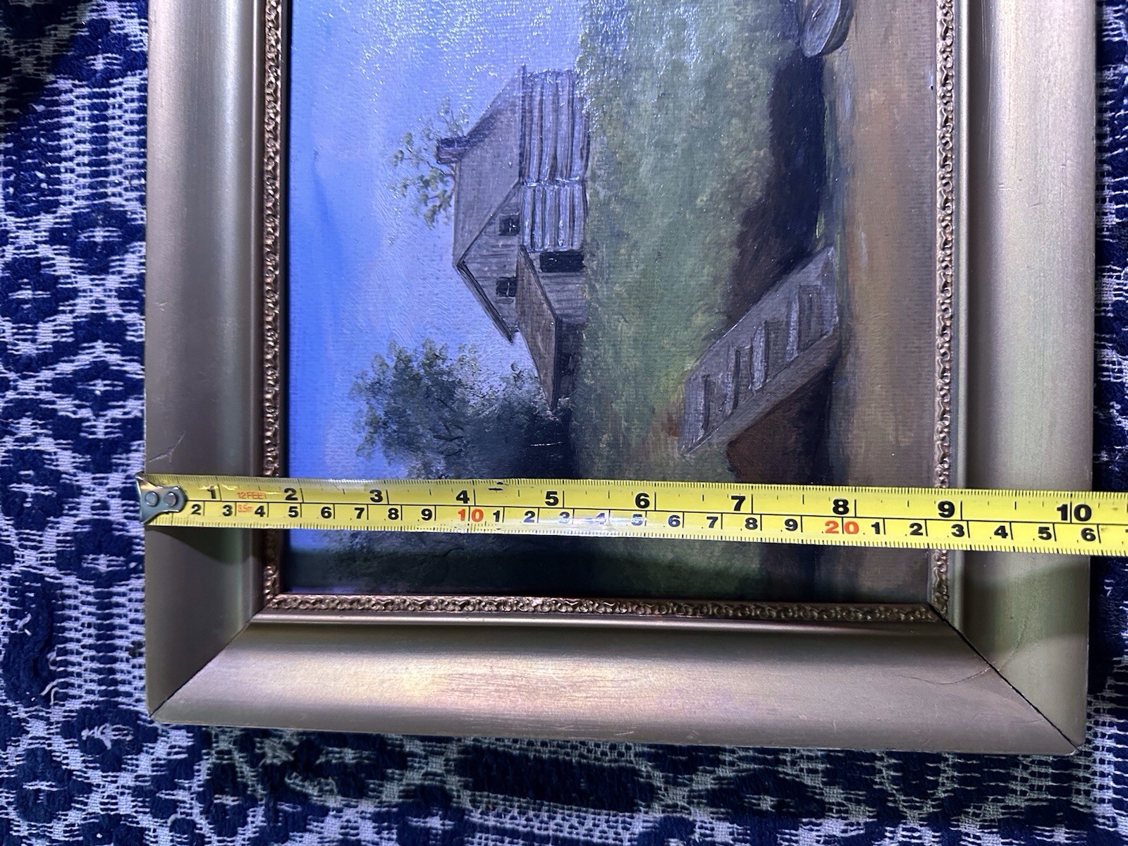 Antique American Folk Art Landscape Painting On Board Cabin In Woods