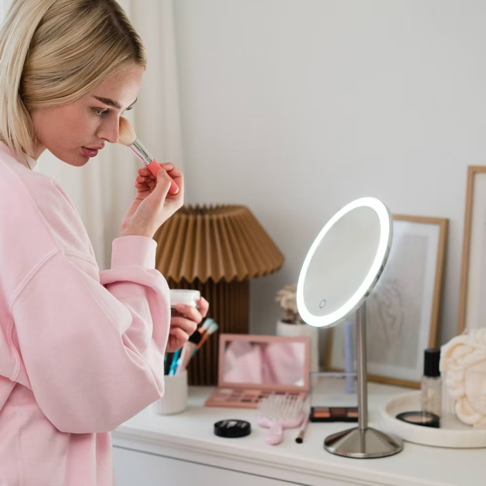Ilios Lighting Rechargeable Round Table Makeup Mirror with 5x Magnification