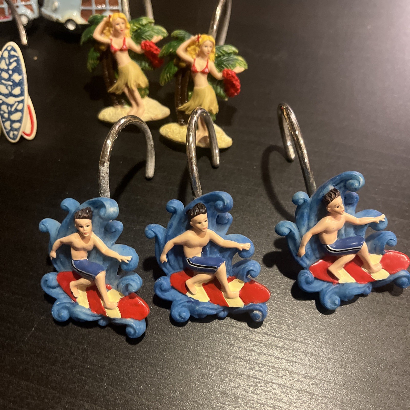 Vintage Set of 10 Shower Curtain Hooks Rings Metal Resin Palm Hawaii Beach Surf