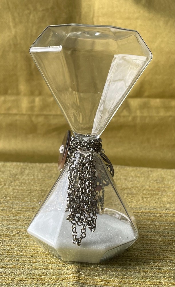 Assemblaged Art Using Modern Hourglass with Vintage Chains Key Button