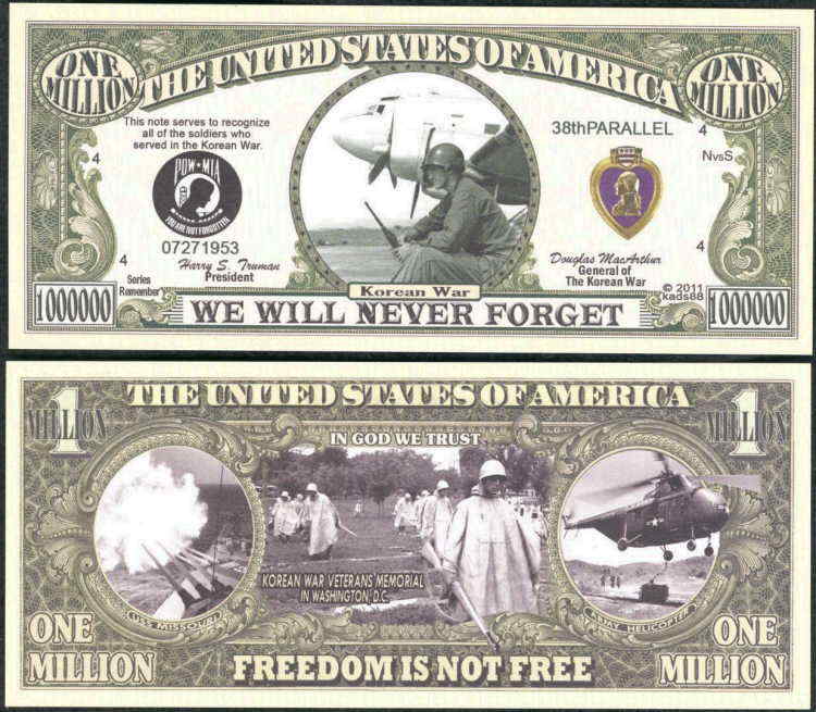 Korean War Memorial Million Dollar Bill Funny Money Novelty Note + FREE SLEEVE K