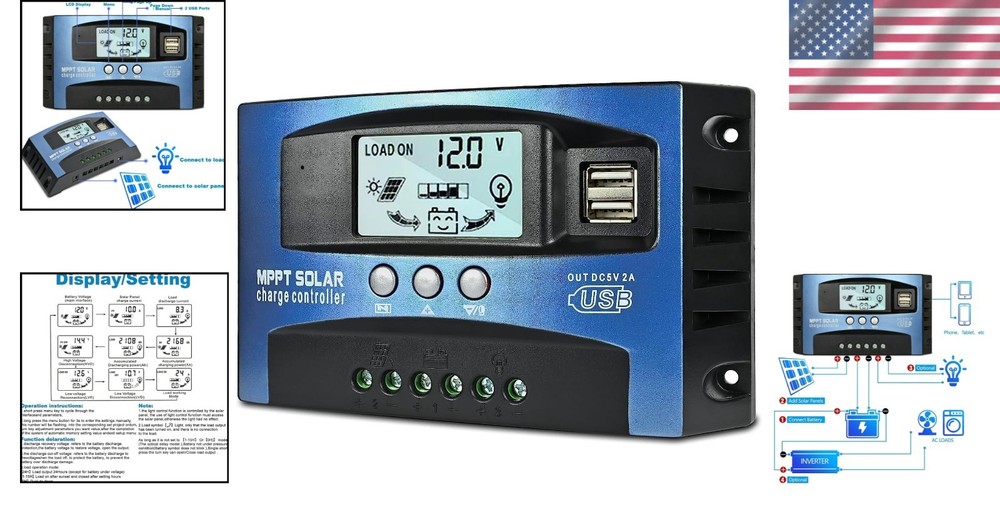 New Blue 100A MPPT Solar Charge Controller with LCD and Dual USB