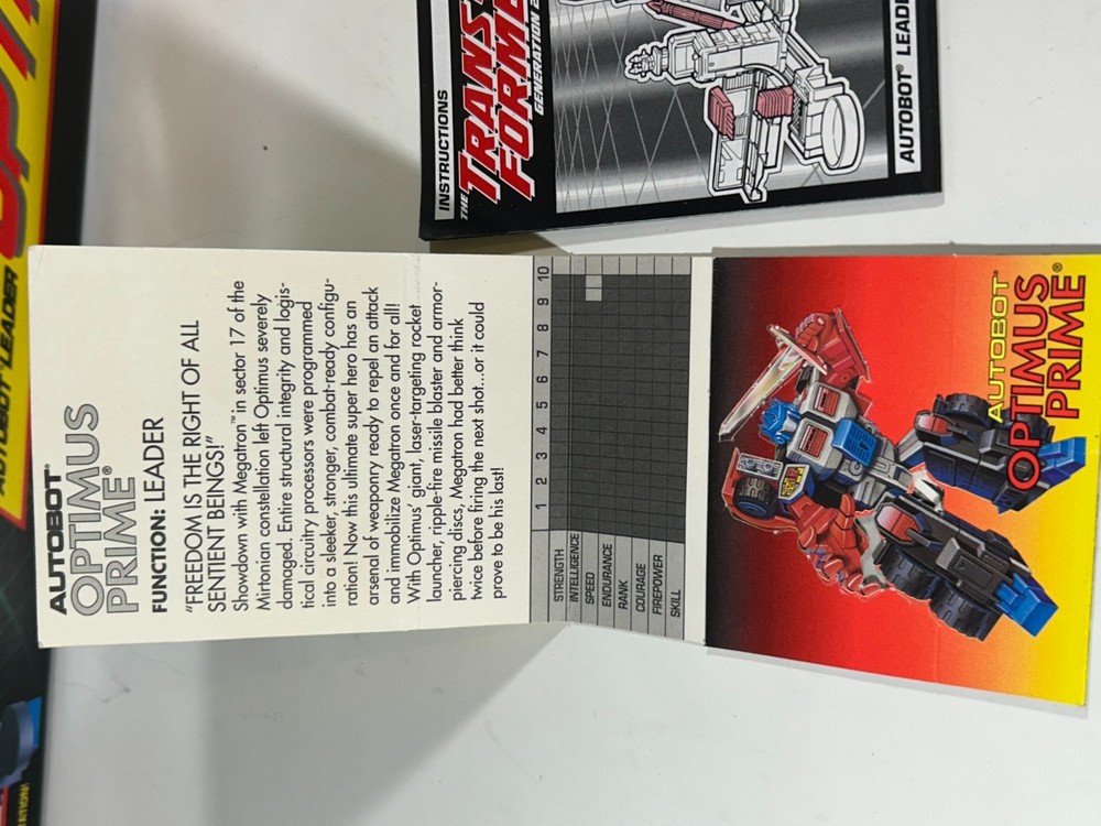 Transformers G2 Laser Optimus Prime box, Instructions & sticker sheet