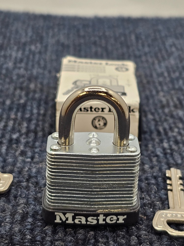 (QTY 4) Master Lock Padlock Rectangular Silver Steel 1-1/8"H W/ Keys