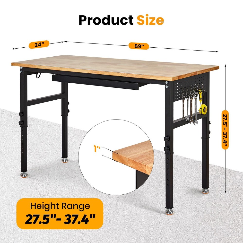 60" Heavy Duty Workbench 2000Lbs Adjustable Work Bench w/ Power Outlets & Drawer