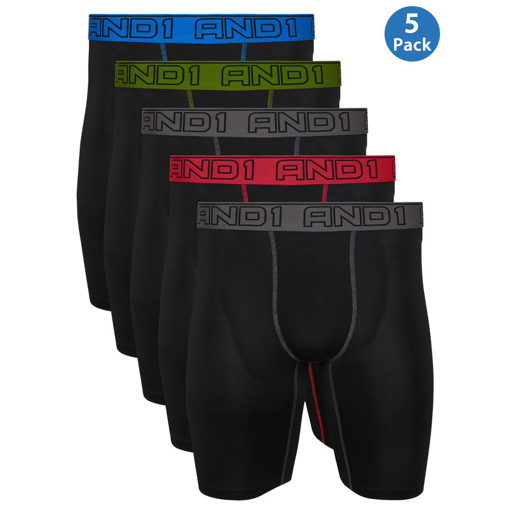 AND1®  Men's Long Leg Performance Boxer Brief, 5 Pack