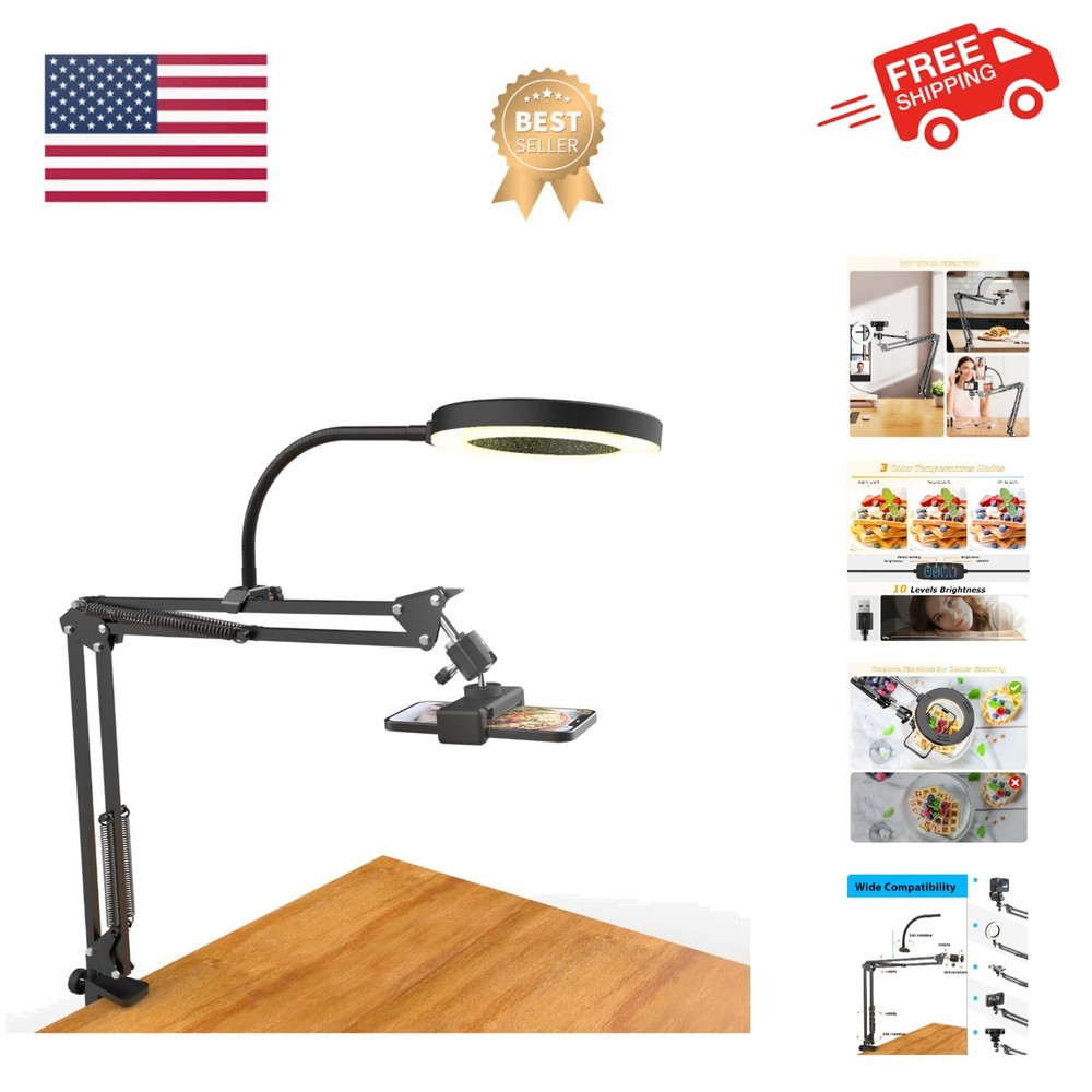 Overhead Camera Mount with Ring Light, Flexible Articulating Phone Arm Stand ...