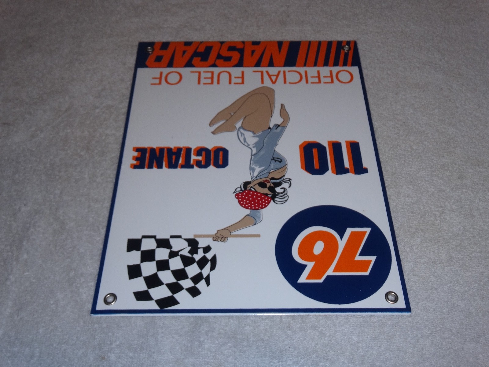 VINTAGE UNION 76 GASOLINE WOMAN +RACING FLAG 12" PORCELAIN METAL NASCAR OIL SIGN