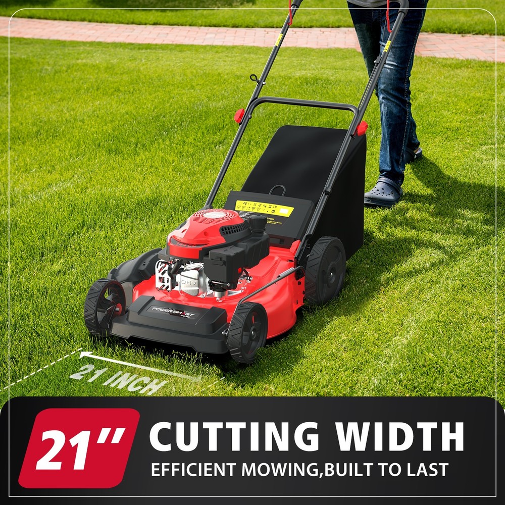 PowerSmart 21" Gas Push Lawn Mower, 144cc, Low-Maintenance, Fuel Efficient, Yard