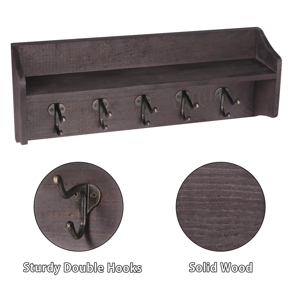 Coat Hooks with Storage Shelf Wall-Mounted, Rustic Wood Hanging Coat Rack wit...