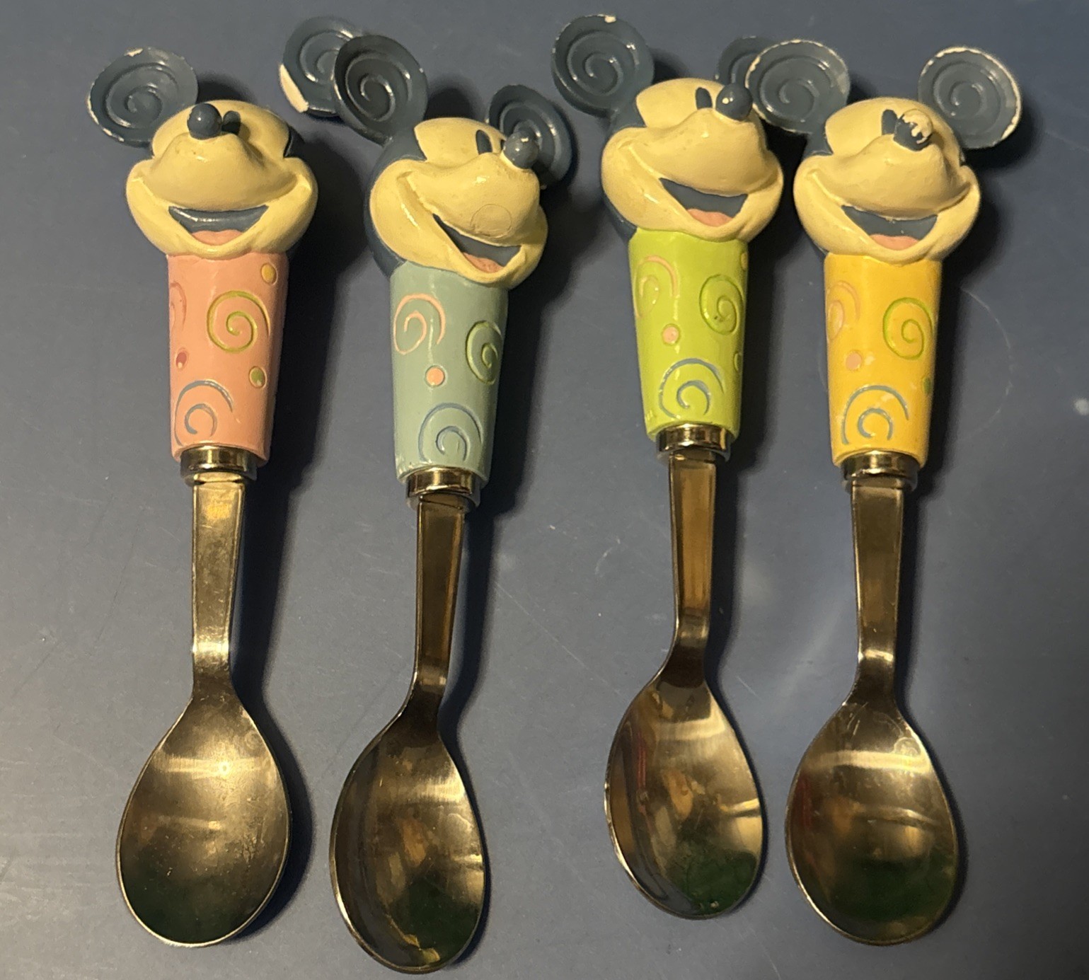 Vintage Disney Mickey Mouse Ice Cream Spoons Set of 4 Pastel Colors Utensil READ
