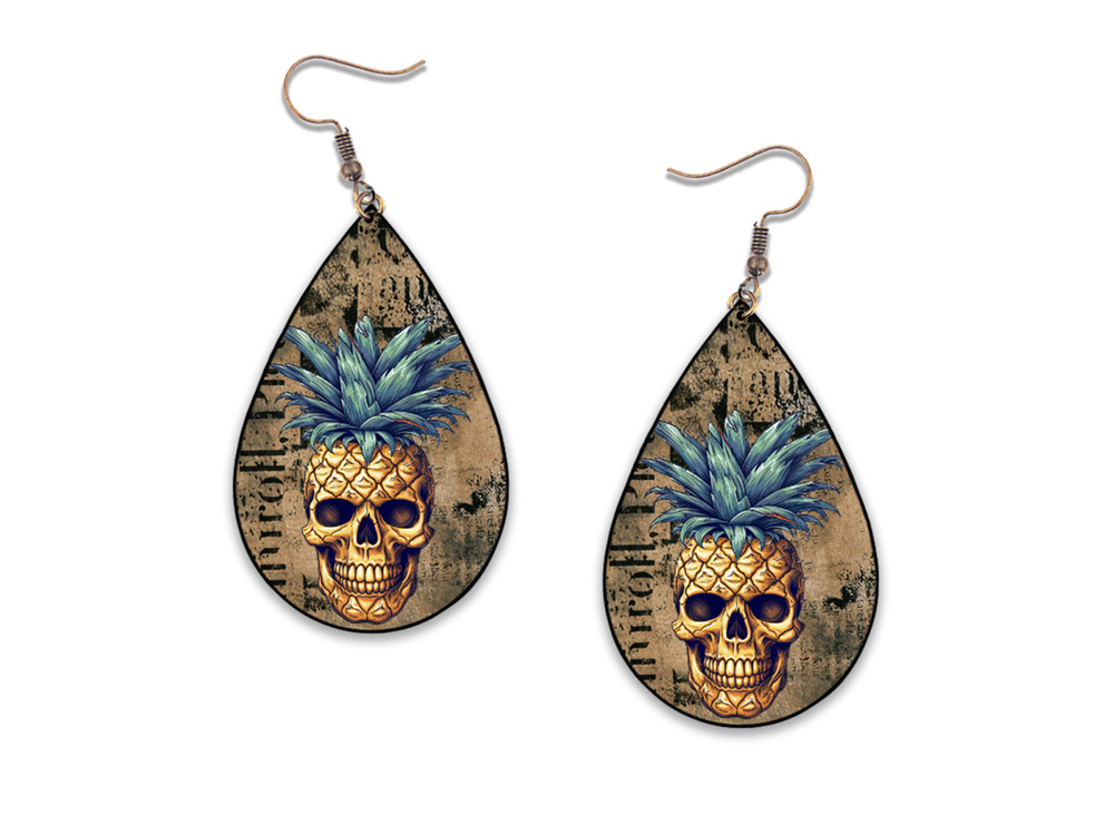 Newsprint Pineapple Skull Teardrop Earrings