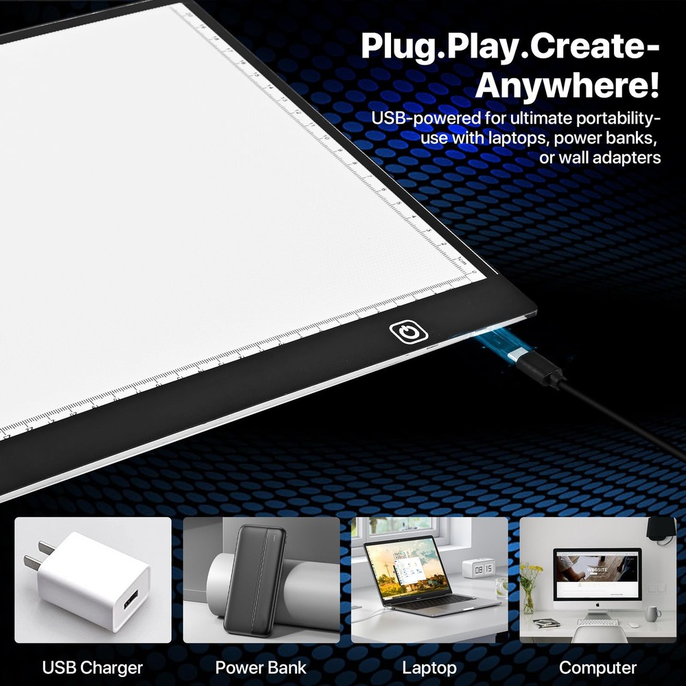 LED Light Box A4 Ultra Thin Adjustable USB Powered with 10 Sheets Tracing Paper