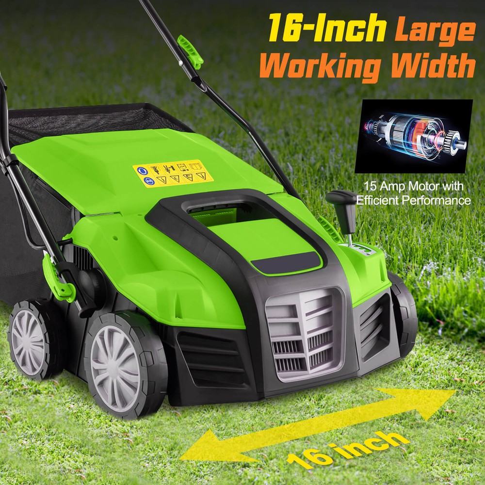 16-Inch Folding Electric Dethatcher & Scarifier w/ 3-Position Height Adjustment