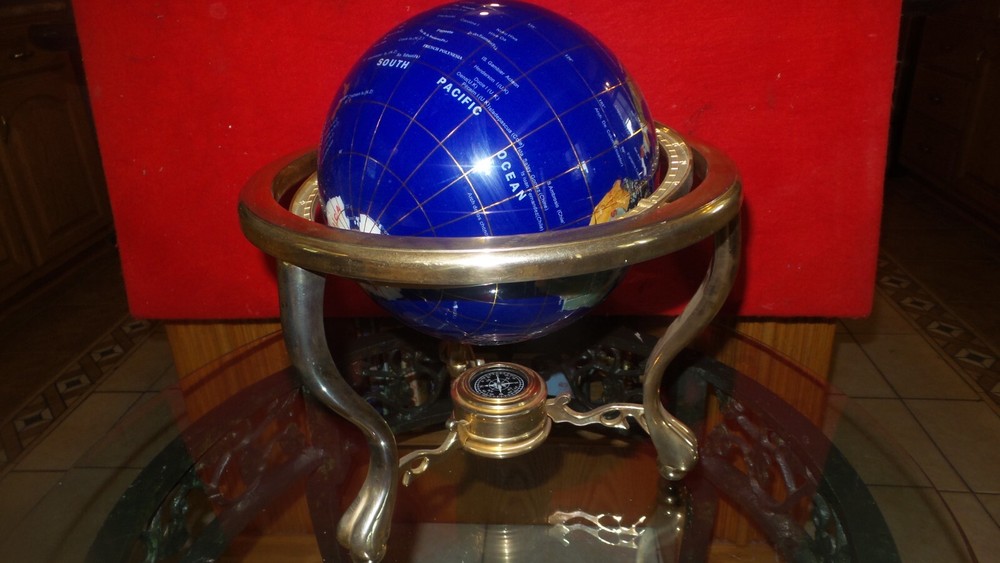 Beautiful Lapis Semi Precious Stone World Globe W/Compass