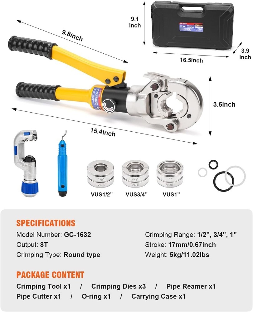1/2, 3/4, 1" PEX Press Crimping Tool with Pipe Cutter - Automatic Locking Design