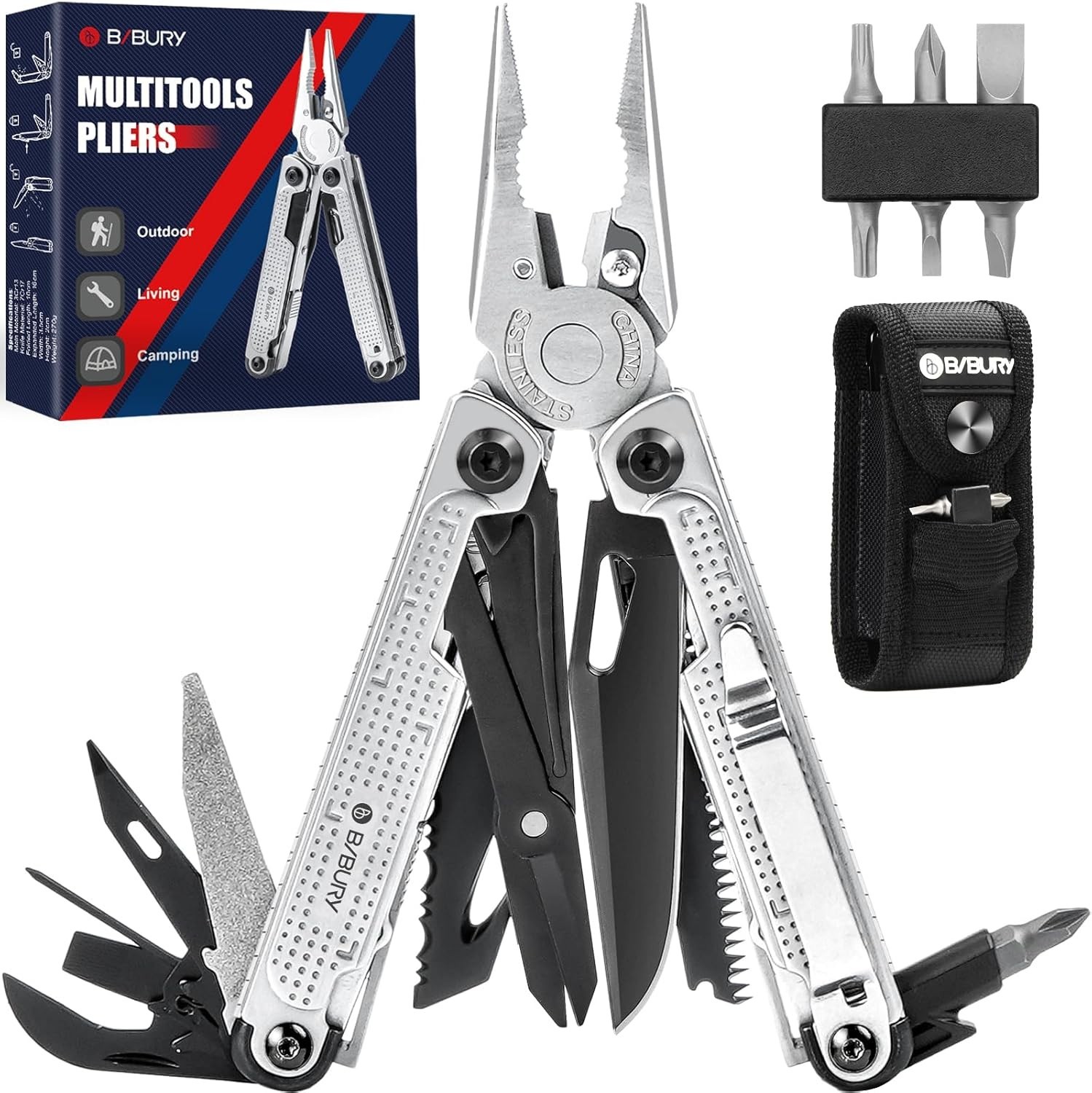 BIBURY Multitool Pliers Stainless Steel Multi Tool Rope Cutter Screwdriver Fold