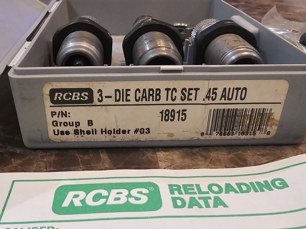 RCBS 45ACP Carbide Reloading Dies 18915 W Shell Holder #3 & Extra Seating Plug