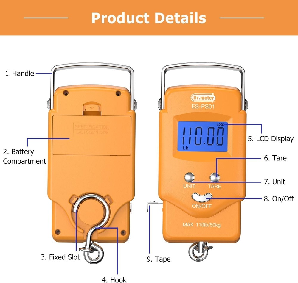 Accurate Fish Scale with 110lb Capacity, Backlit Display & Auto Shut Off Feature