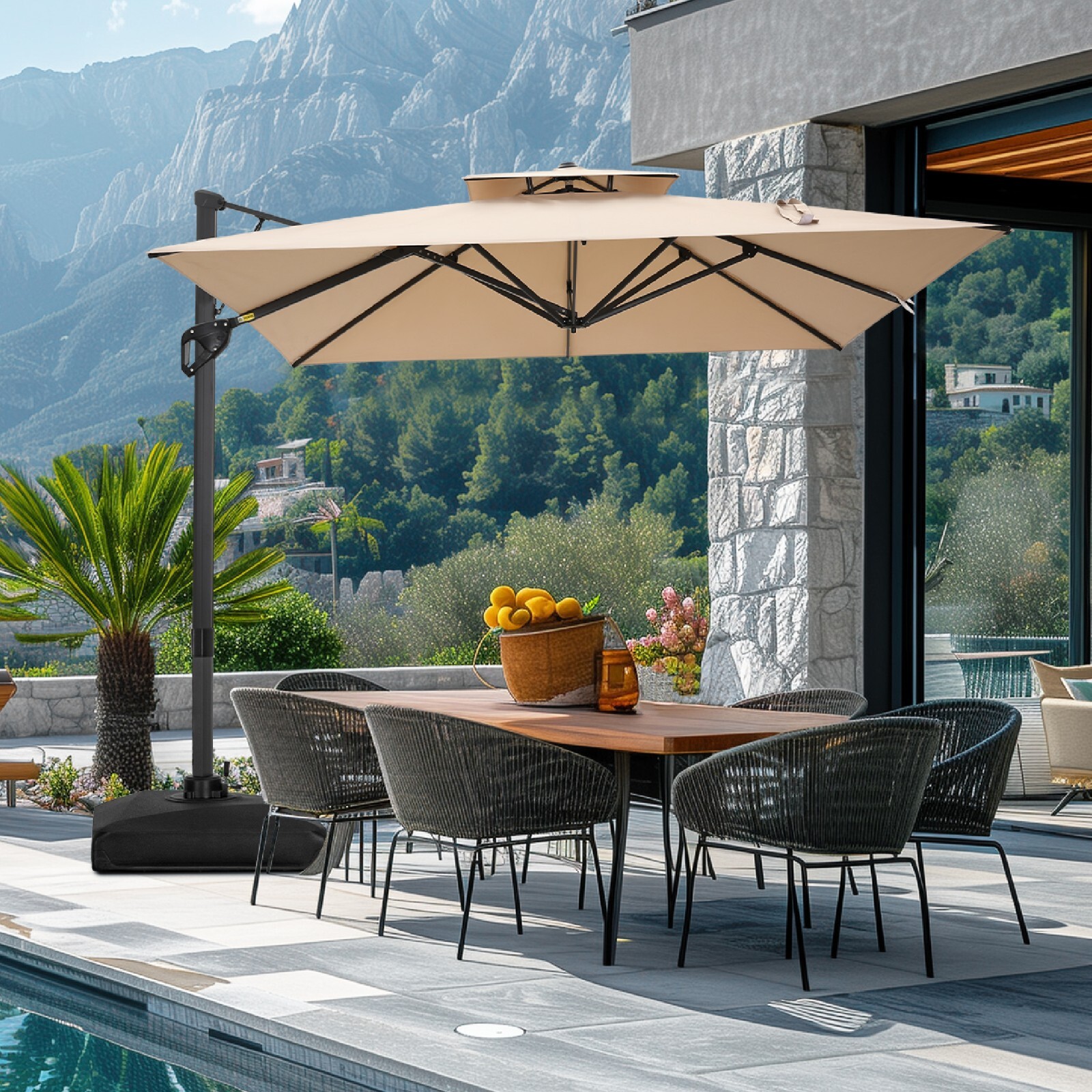 10 x10ft Patio Umbrella Outdoor Umbrella Carbon Steel Market Umbrella w/Base