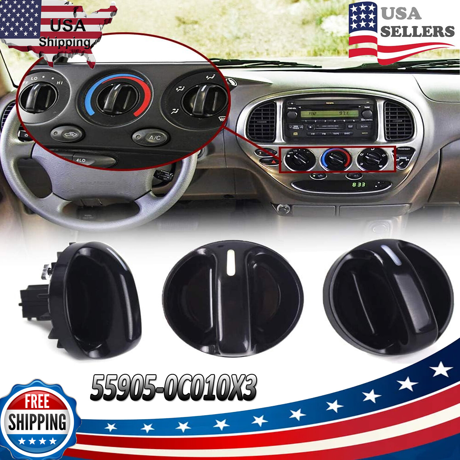 3 pack Fit for Toyota Tundra Truck 2000-06 Control Knobs Dials Heater A/C Fan