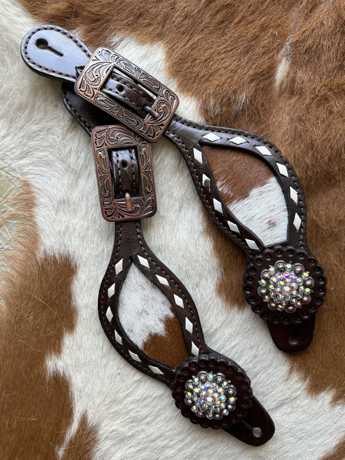 Ladies Top Grain Leather With Hair On Cowhide Western Pair Spur Straps