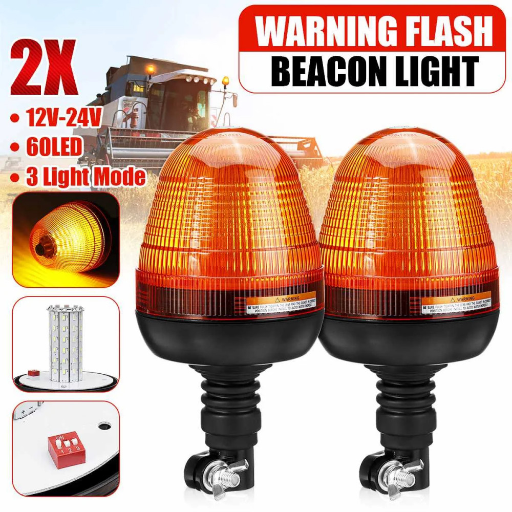 2x 60 LED Rotating Flashing Beacon Flexible DIN Pole Mount Tractor Warning Light