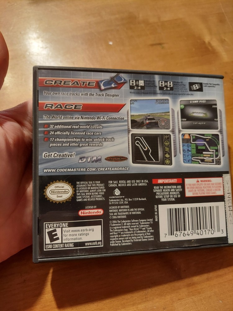 Nintendo DS Race Driver Create & Race EMPTY Case + Manual READ