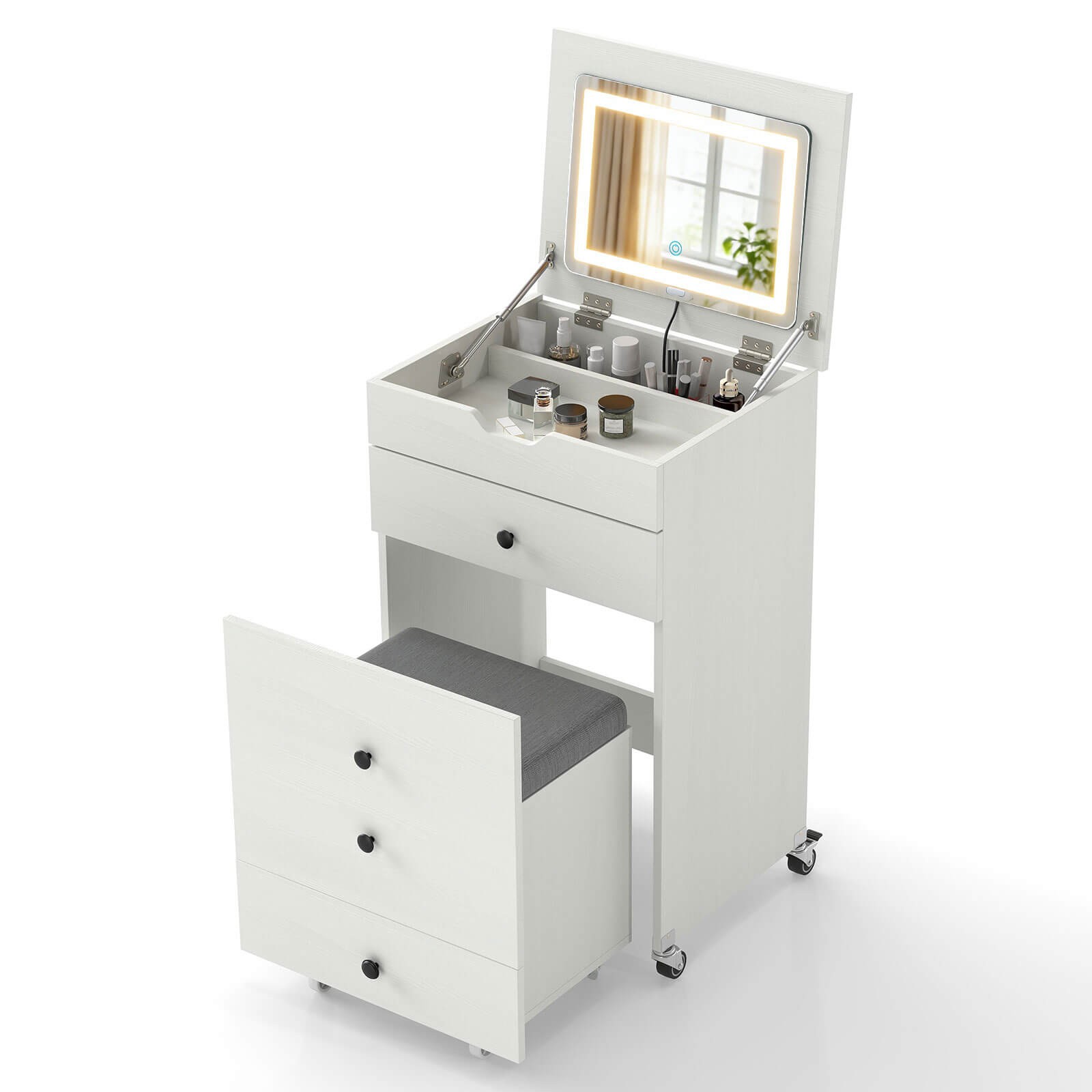 3-in-1 Small Vanity Desk Set w/Flip-top Mirror, Lights, Drawers, Storage Stool