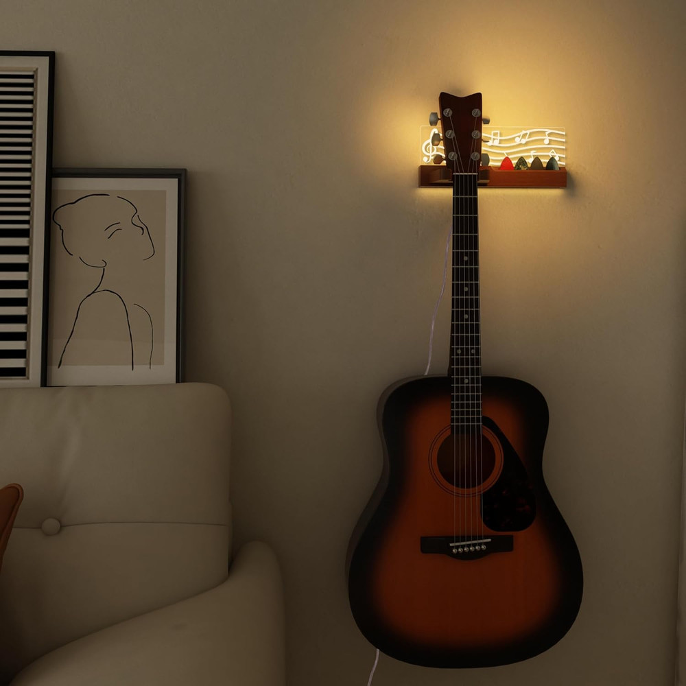 Guitar Wall Mount Stand with LED Lights - Solid Wood & Acrylic USB-Powered