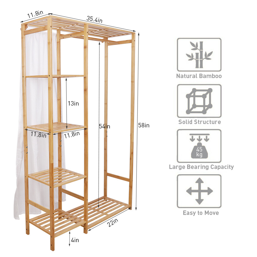 6 Tier Bamboo Garment Rack Storage Shelves Clothes Hanging Wardrobe Closet Stand