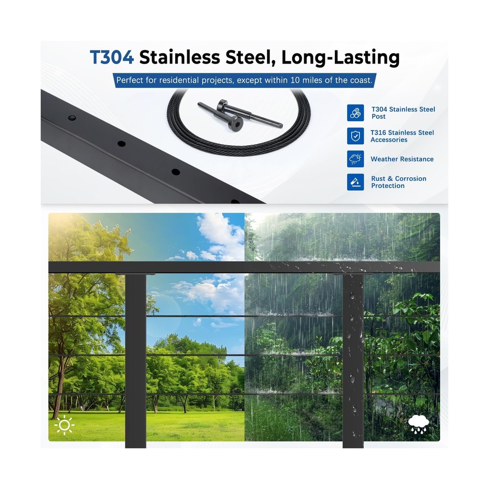 36" Expandable 20-24FT Black T304 Cable Railing Post Kit, Complete Cable Rail...