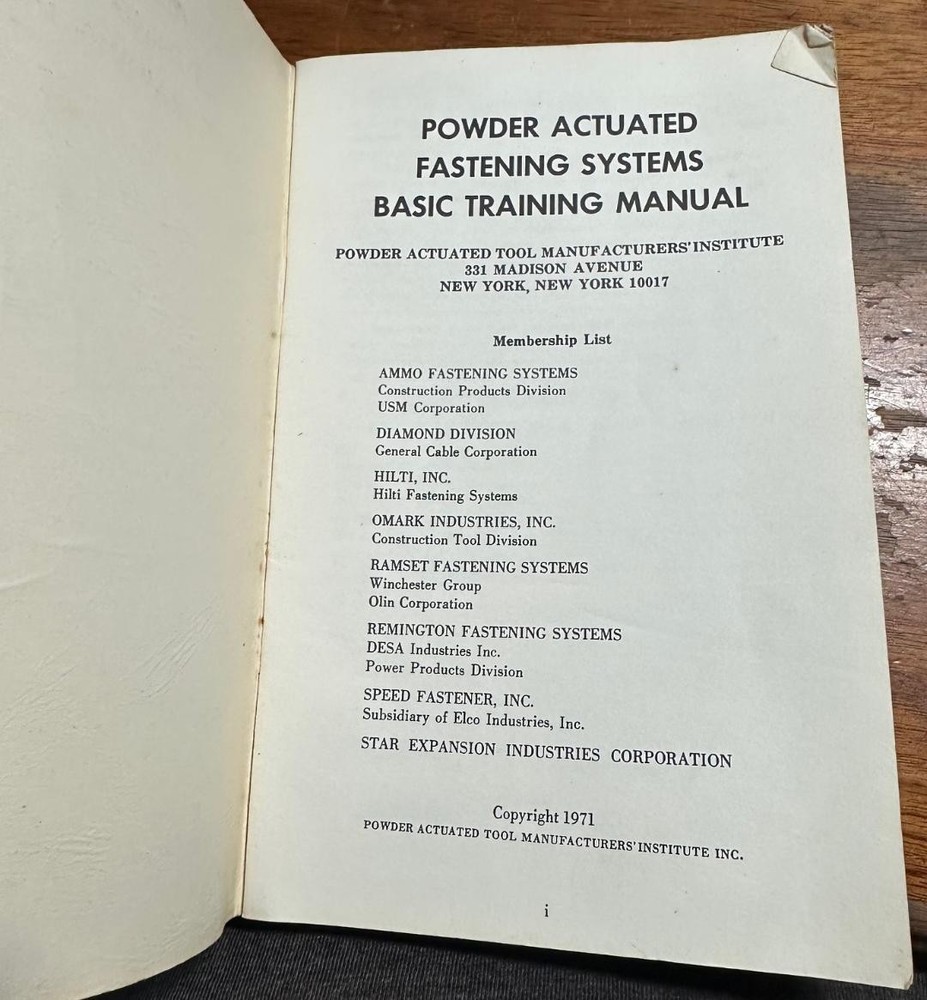 Powder Actuated Tool Fasteners Institute 1971 Basic Training Manual