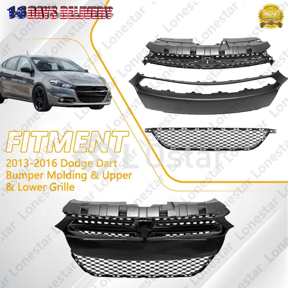 New 3PC Front Bumper Molding & Upper & Lower Grille Set For 2013-2016 Dodge Dart