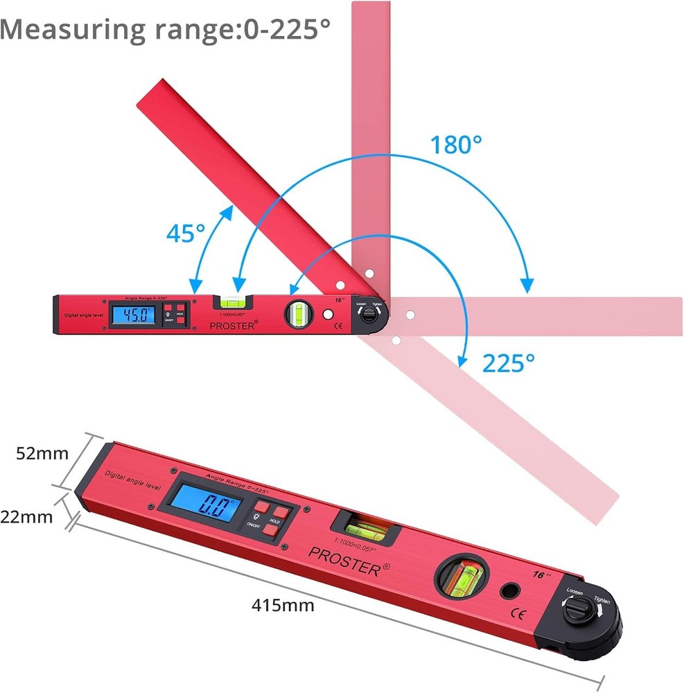Proster Digital Angle Finder Gauge - 0~225° LCD Red