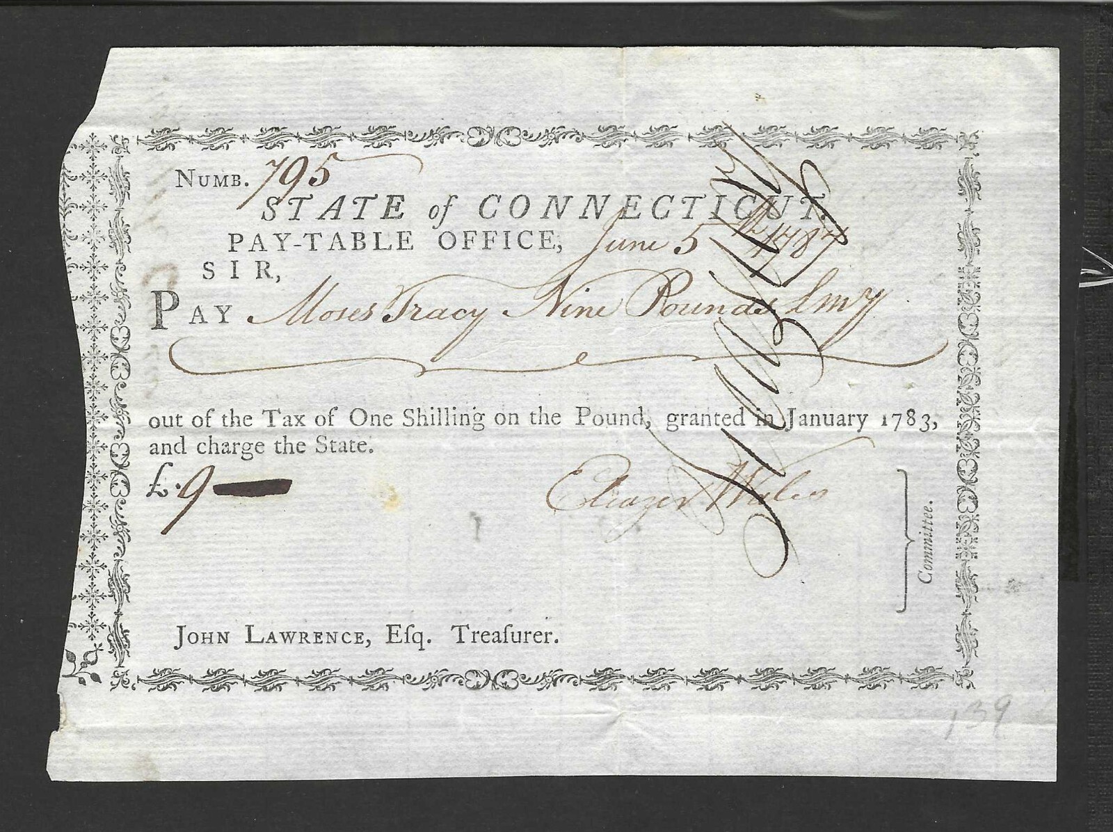 US 1783 STATE OF CONNECTICUT TREASURER RECEIPT & PAYMENT OF 9 POUNDS