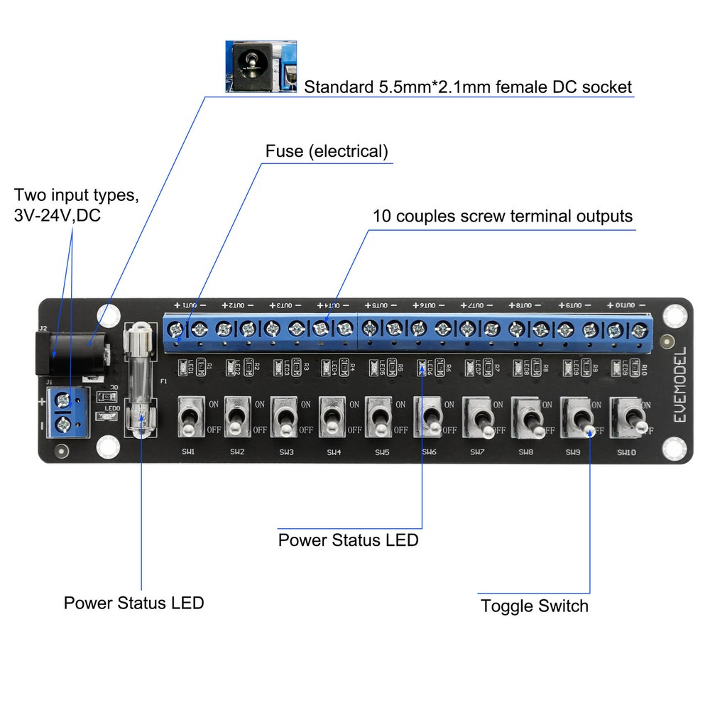 Evemodel 3V-24V DC Individual Toggle Switch Power Distribution Module 10 Channel