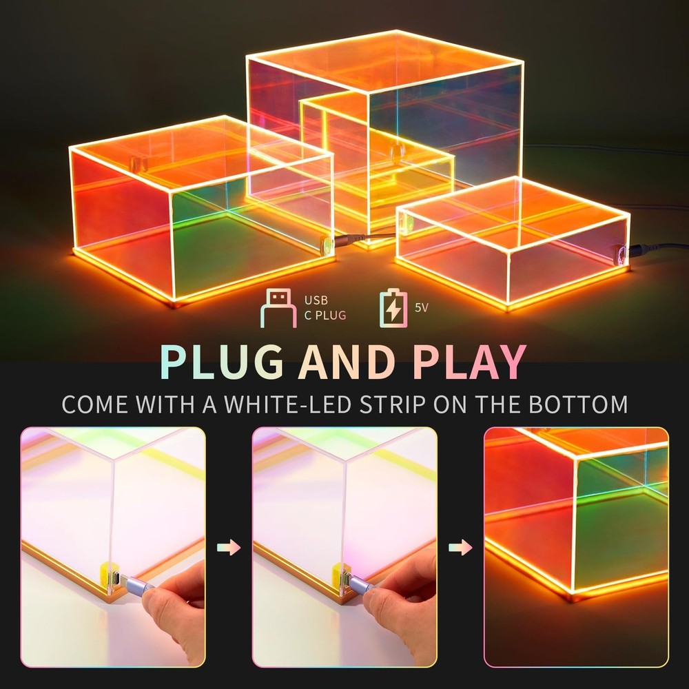 3Pcs Iridescent Acrylic Display Risers with light Plug and Play, Lighted Stac...