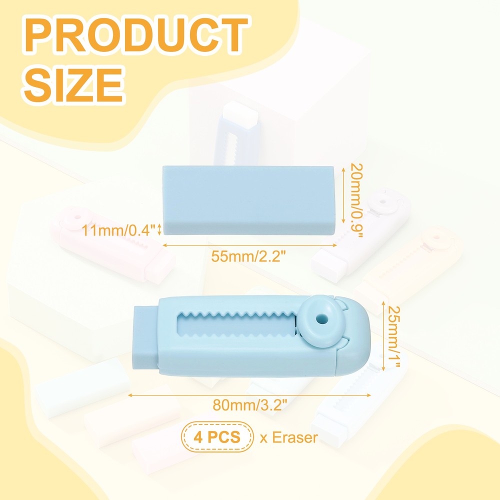 4 Pack Erasers, Pencil Erasers Large Eraser Push Pull Cute Soft, Blue