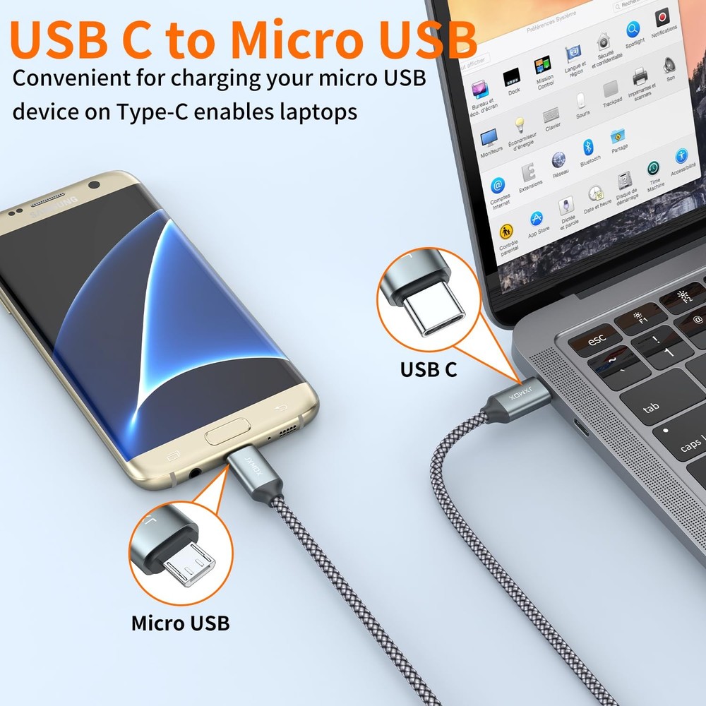 JXMOX USB C to Micro Cable, (3.3ft 2-Pack) Type C 3.3 feet, Silver
