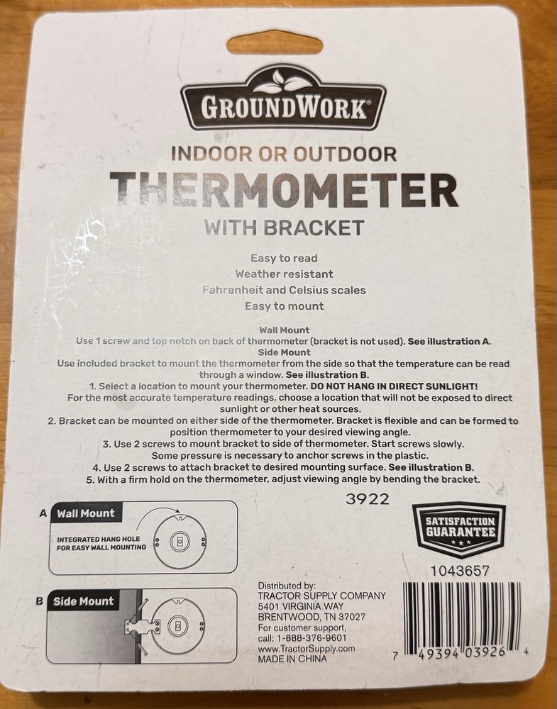 Ground Work Big and Bold Indoor Outdoor Thermometer with Mounting Bracket