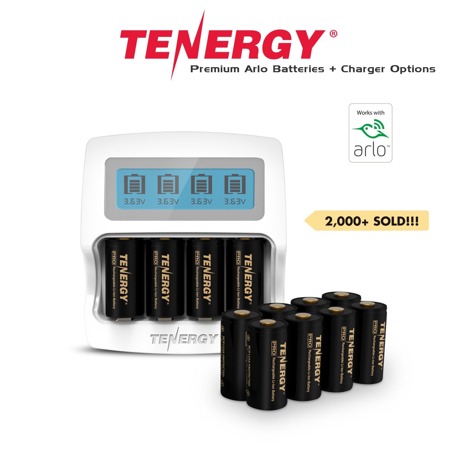 Tenergy PREMIUM Arlo Camera Rechargeable RCR123A Li-ion Battery & Charger LOT